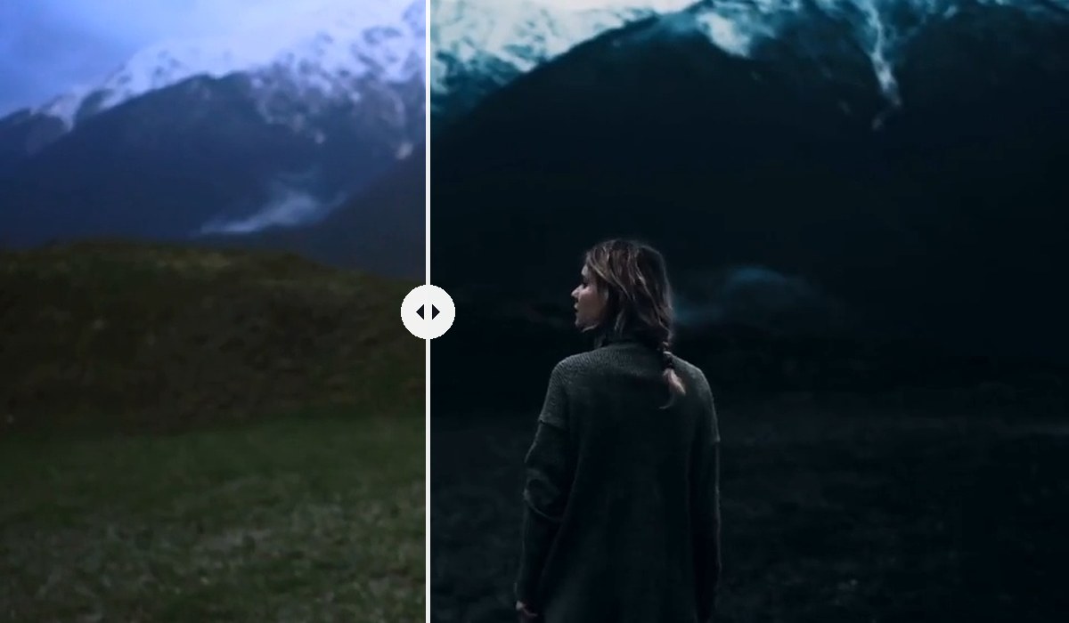 The same shot side by side, ungraded on the left and graded with the cinematic LUT pack on the right